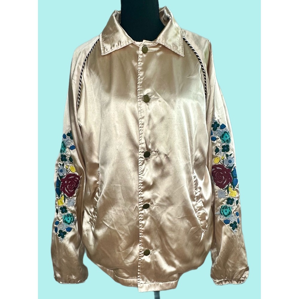 EPTM Champagne Satin Floral Embroidered Coach Jacket Women's Large Streetwear